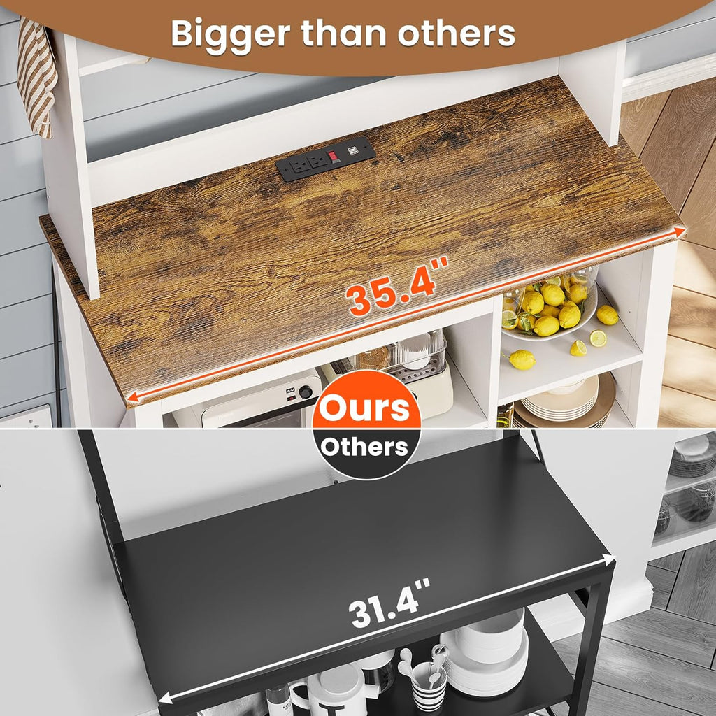 Itaar 35.4 inch Bakers Rack with Power Outlet and Storage, Farmhouse Coffee Bar Cabinet, Microwave Stand Kitchen Cabinet with Hutch, LED Lights, Wine Glass Holder and 8 Hooks，White