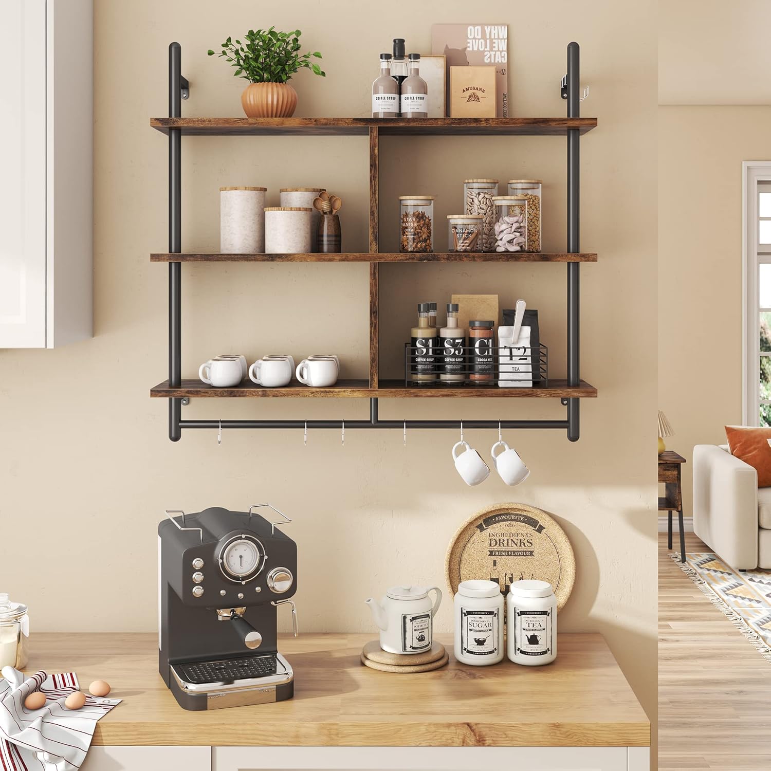 Bestier Floating Pipe Shelving Kitchen Shelves Wall Mounted 3 Tier 41.5" Ladder Coffee Bar Shelf Hanging with Circular Tube, Display Bookshelf Storage for Living Room Kitchen, Rustic Brown
