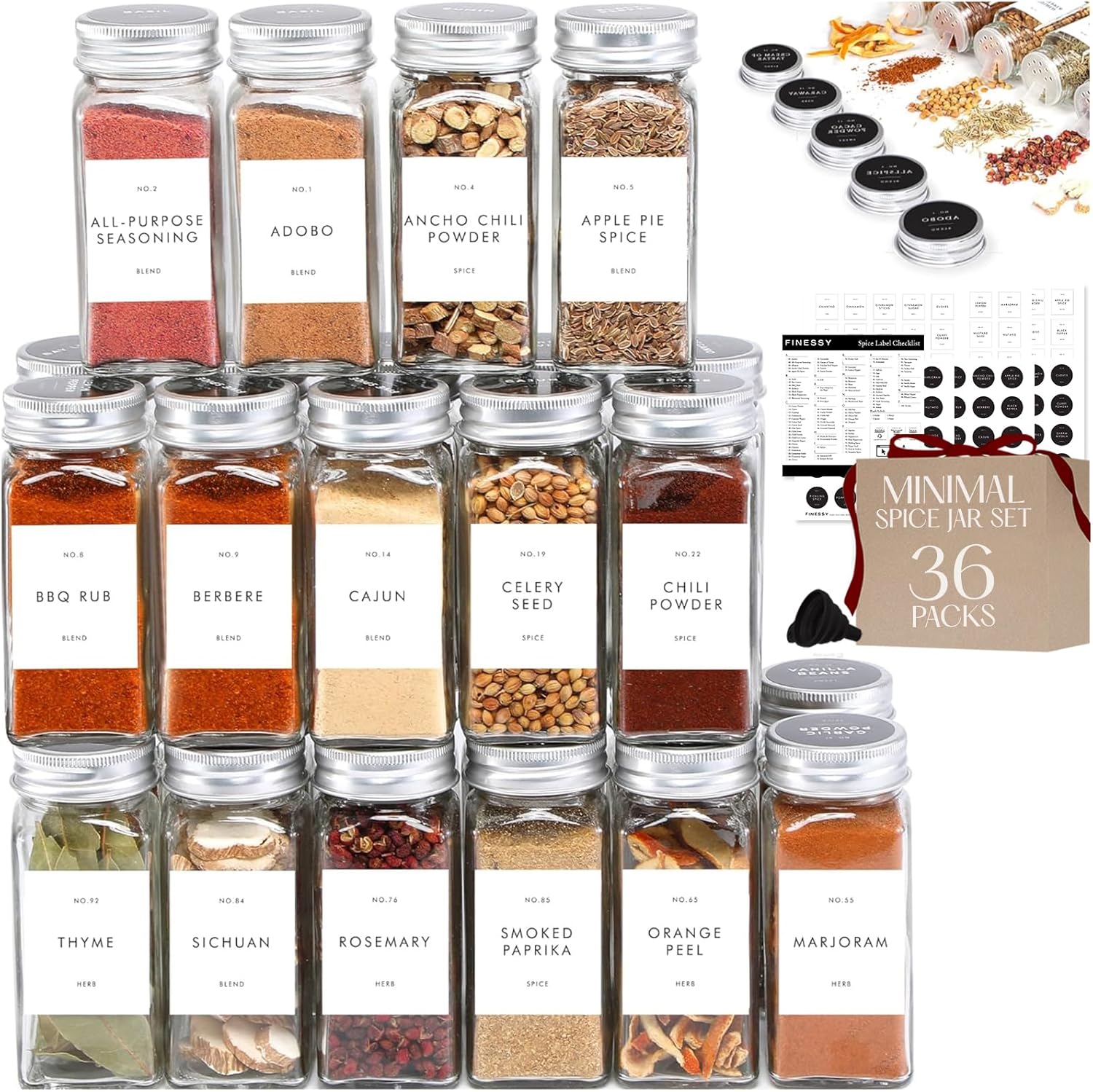 Glass Spice Jars with Labels with Metal Lids and Shakers Minimalist 36 Pack Set, 4oz Small Clear Empty Spice Bottles Seasoning Containers with Label Organizer Square Herb Seasoning Jars for Kitchen