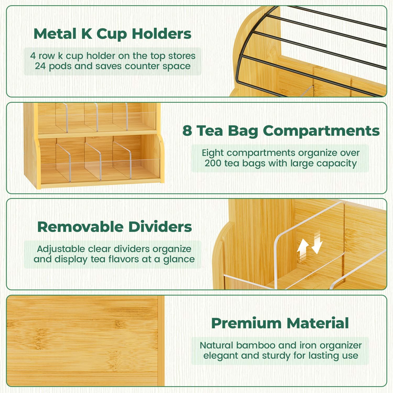 EsLuker.ly Tea Bag Holder Coffee Pod Organizer for Countertop Cabinet, Bamboo 3 Tier Teabag Packet Display Shelf and K Cups Rack Stand for Tea Bar & Coffee Station Storage, Save Space Elegantly