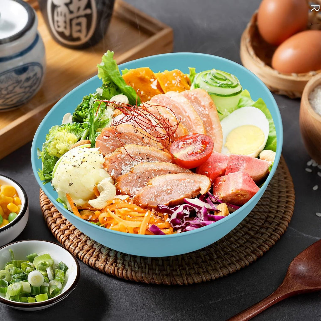 9.6'' Serving Bowls, Bamboo Fiber Salad Bowls Set of 4, 2.6Qt/84 Ounce, Large Bowls for Kitchen,Curvy Shape Big Deep Bowl for Salad,Vegetable,Fruit,Cereal, Lightweight & Easy to Clean(Multi Turquoise)