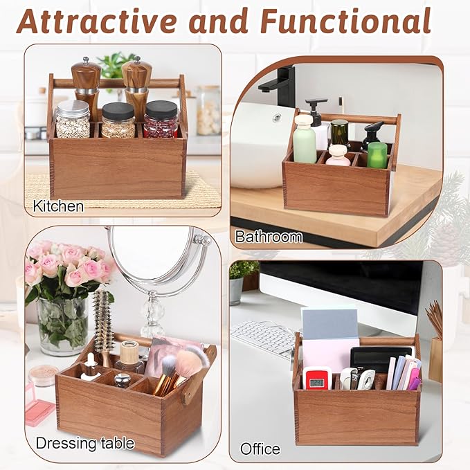 Acacia Silverware Caddy, Natural Wooden Flatware Organizer with Adjustable Handle, Outdoor Utensil Holder Box Multi-Purpose Storage Container for Kitchen Counter, Party, Table, Camping, Picnic