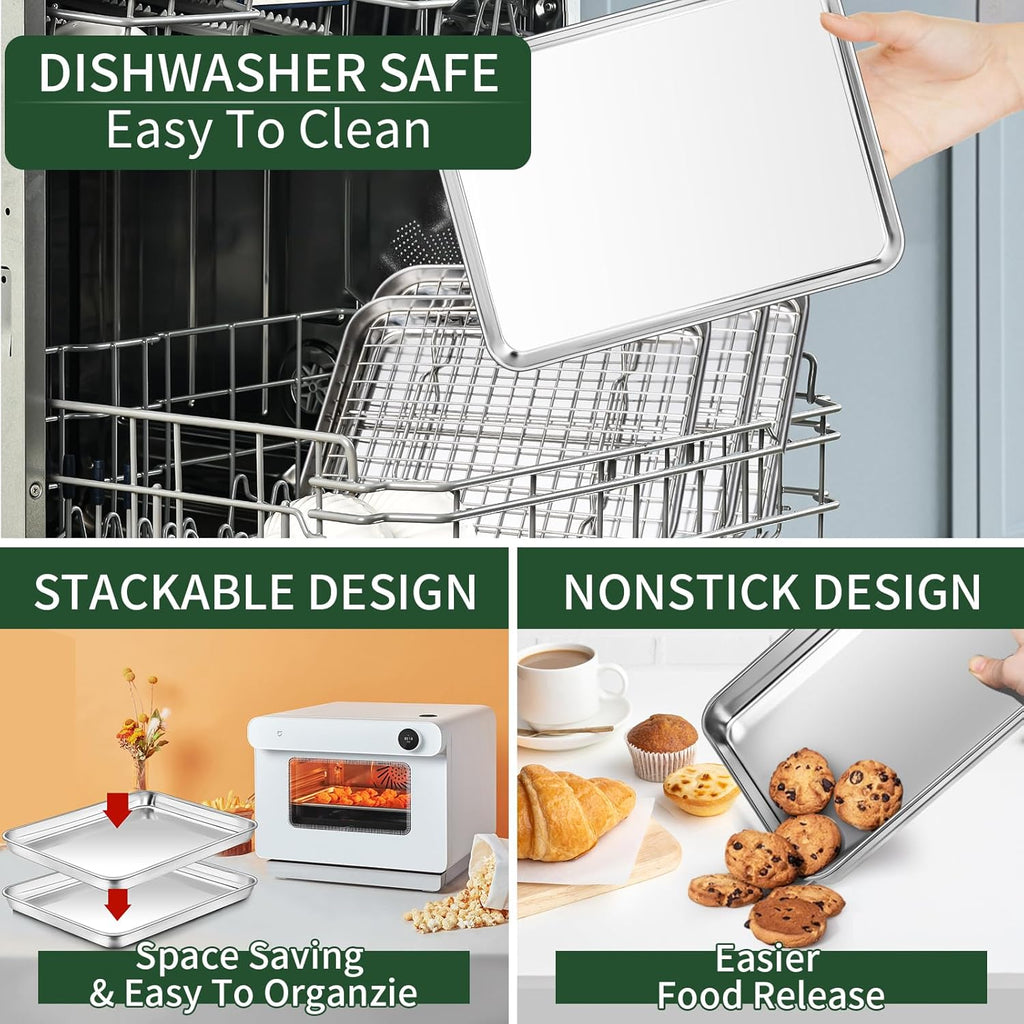 Baking Sheet with Cooling Rack Set(2 Baking Pans+2 Baking Racks), CEKEE Stainless Steel Non Stick Small Cookie Sheet Set, Size 10.39 x 8.07 x 1 Inch, Easy to Clean Small Baking Sheet with Rack Set