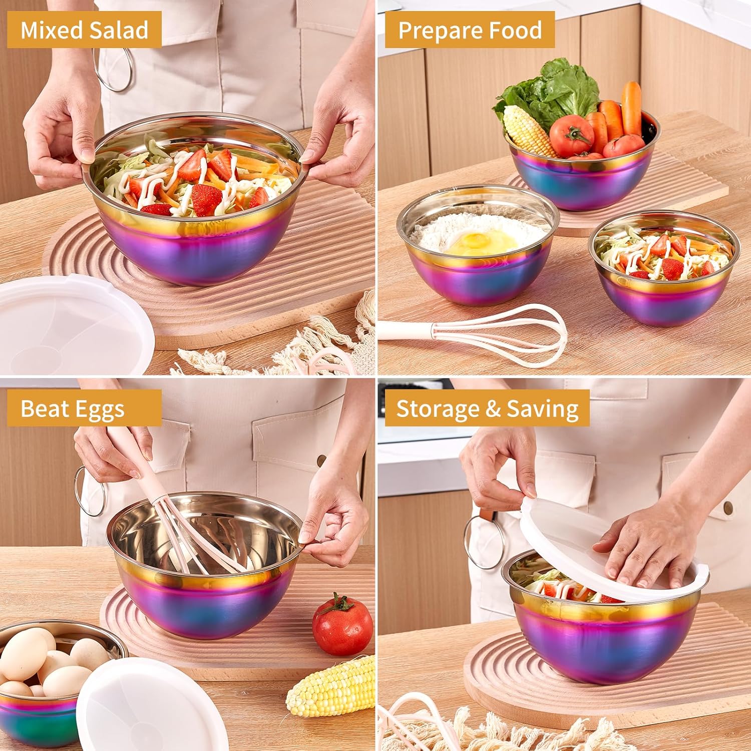 Rainbow Mixing Bowls With Airtight Lids,Stainless Steel Bowl,Salad Bowls 7 Piece Colorful Nesting Bowl Rainbow Kitchen Accessories,Size 7,3.6,2.7,2.1,1.5,1.1,0.8QT Stackable Design