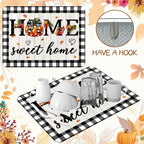 Autumn Fall Drying Mat Kitchen Countertop Pumpkin Black And White Check sweet Home 18 X 24 Inch Kitchen Coffee Bar Decoration, Absorbent Drying Mat