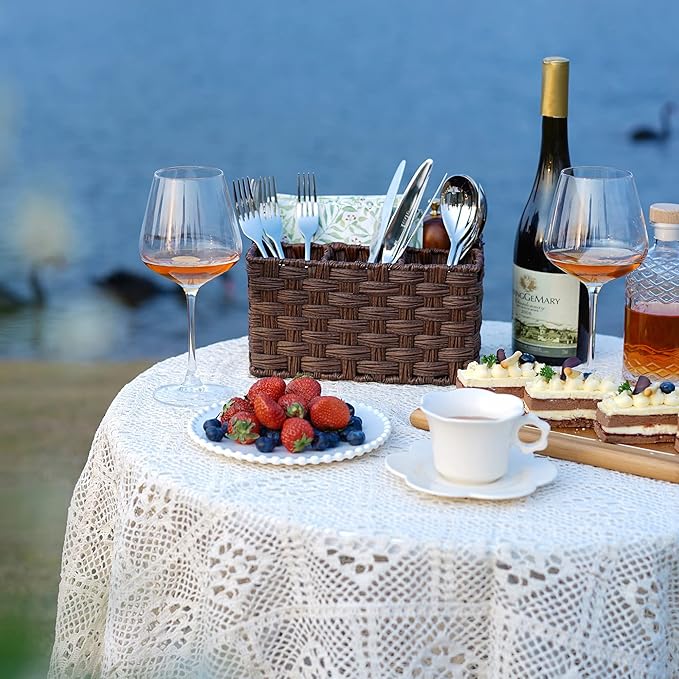 GRANNY SAYS Wicker Utensil Holder Organizer with Handle, Flatware Caddy for Kitchen, Silverware Holder Condiment Organizer, Holds Forks, Knives, Spoons, Napkins and Other Utensils