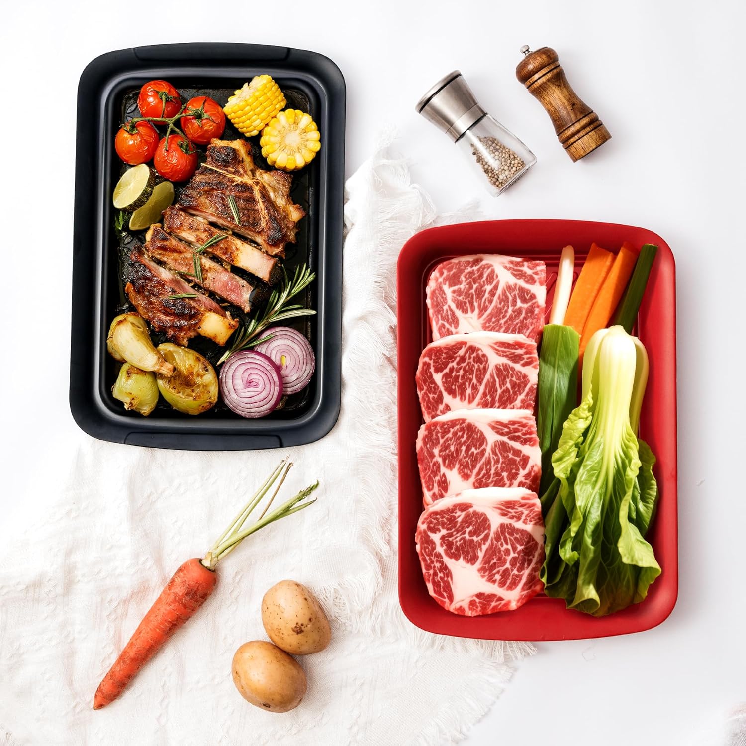 TP Grill Prep and Serving Tray, Deep BBQ Tray for Meat Marinating and Food Plating, Melamine Serving Platters Set of 2, Black and Red