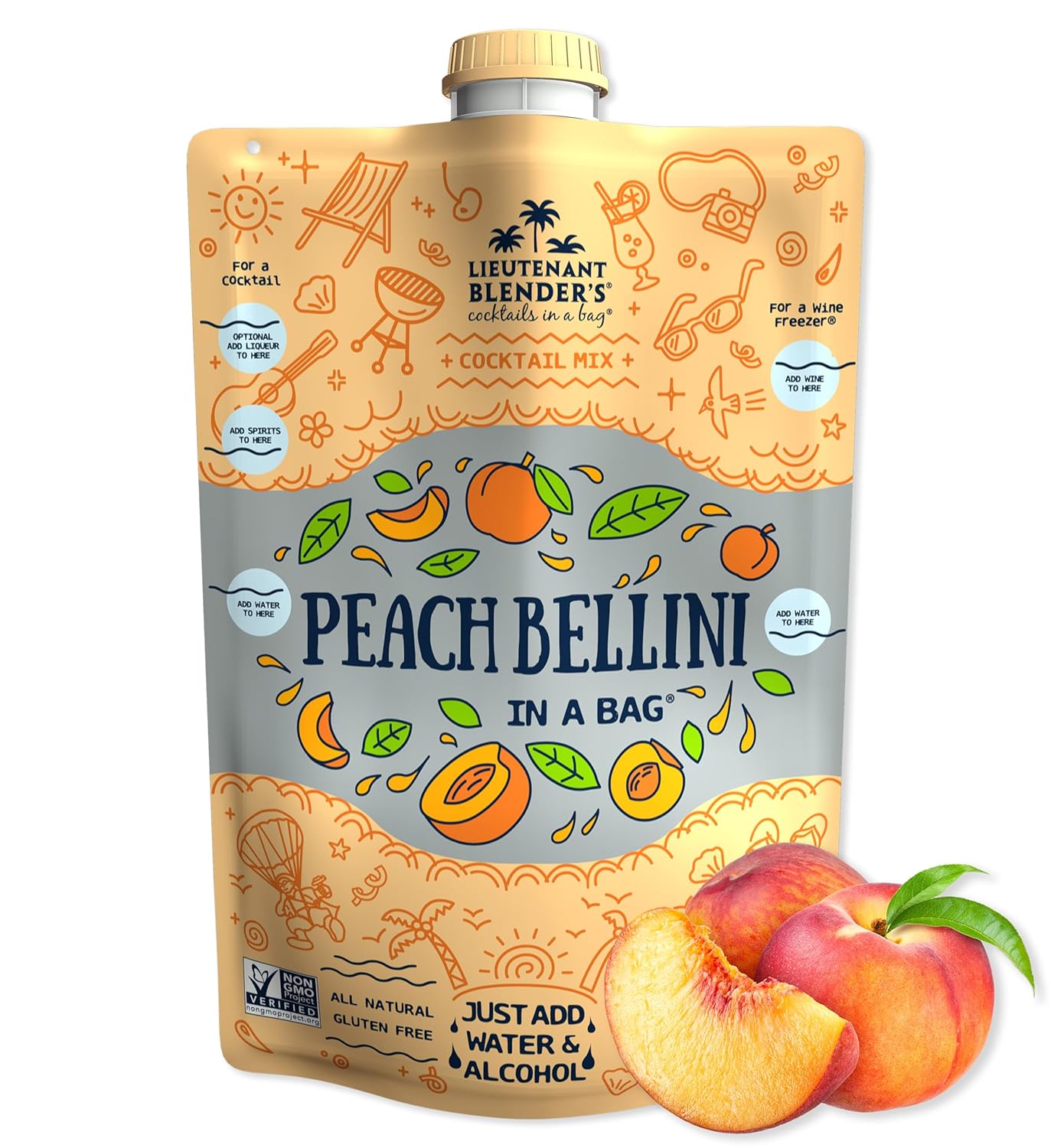 Lt. Blender's Peach Bellini in a Bag - Wine Slushie Mixes - Each Bag Makes 1/2 Gallon of Frozen Peach Bellini Mix – Non-GMO Wine Freezer mix - Make with Wine, Liquor or as a Mocktail - (Pack of 1)