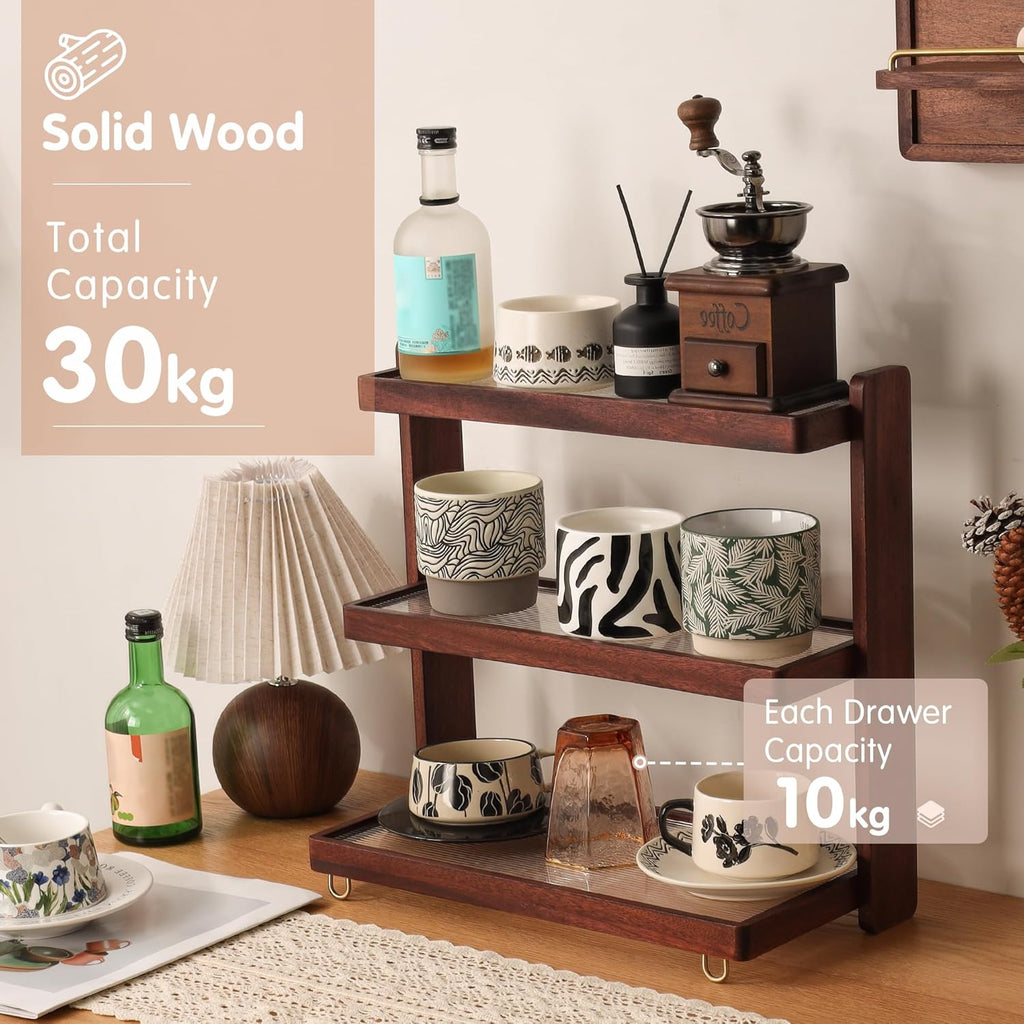 Coffee Mug Holder Wooden Cup Rack,3-Tier Acrylic Home Wood Mug Display Rack for Kitchen Countertops, Coffee Bars, Syrup, Cups, Stirrers