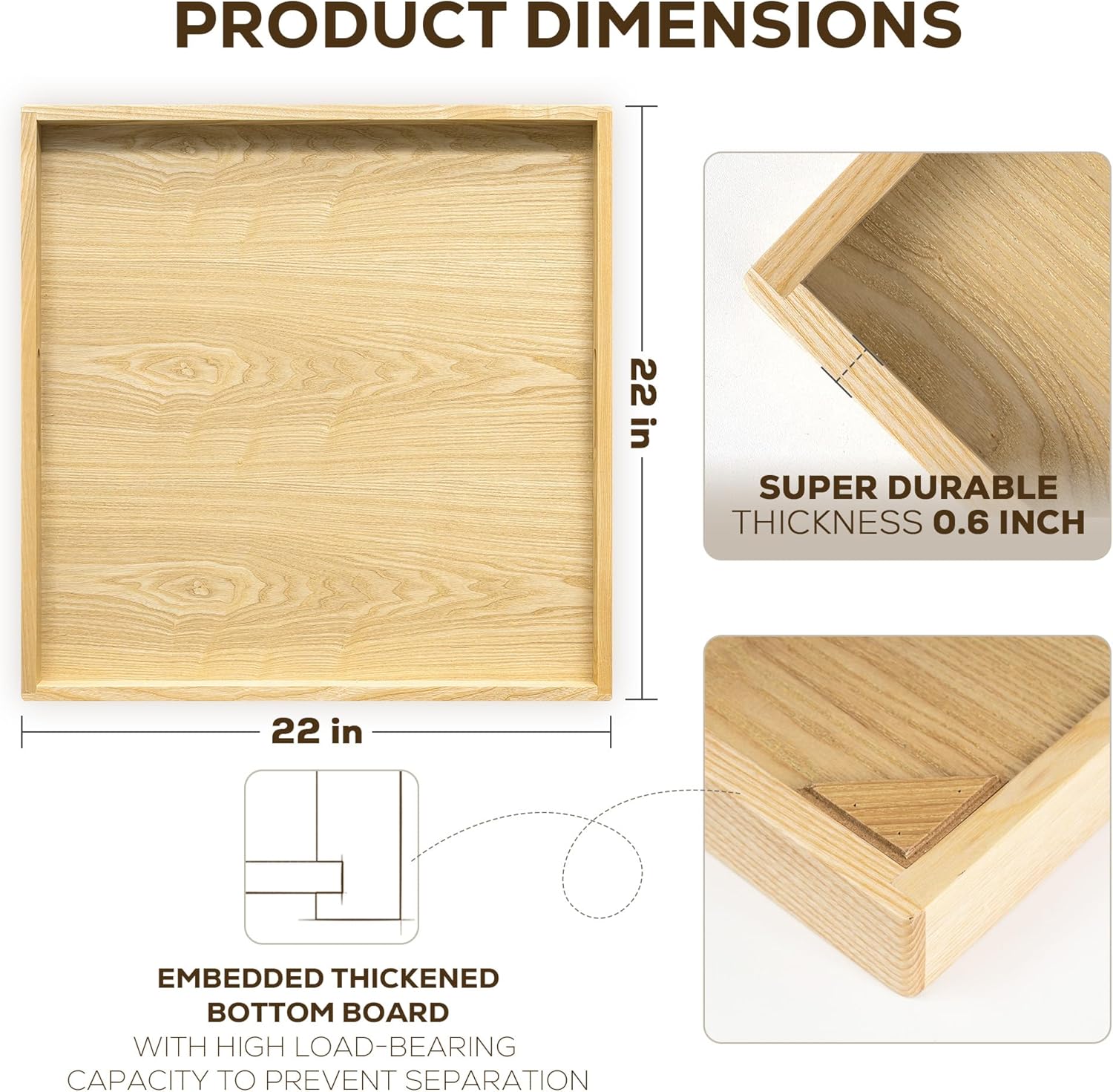 Axeman 22 Inch Large Square Wooden Ottoman Tray for Living Room|Extra Large Serving Tray with Handles for Coffee Table, Breakfast|Decorative Wood Tray for Ottoman Couch Sofa Kitchen|Natural