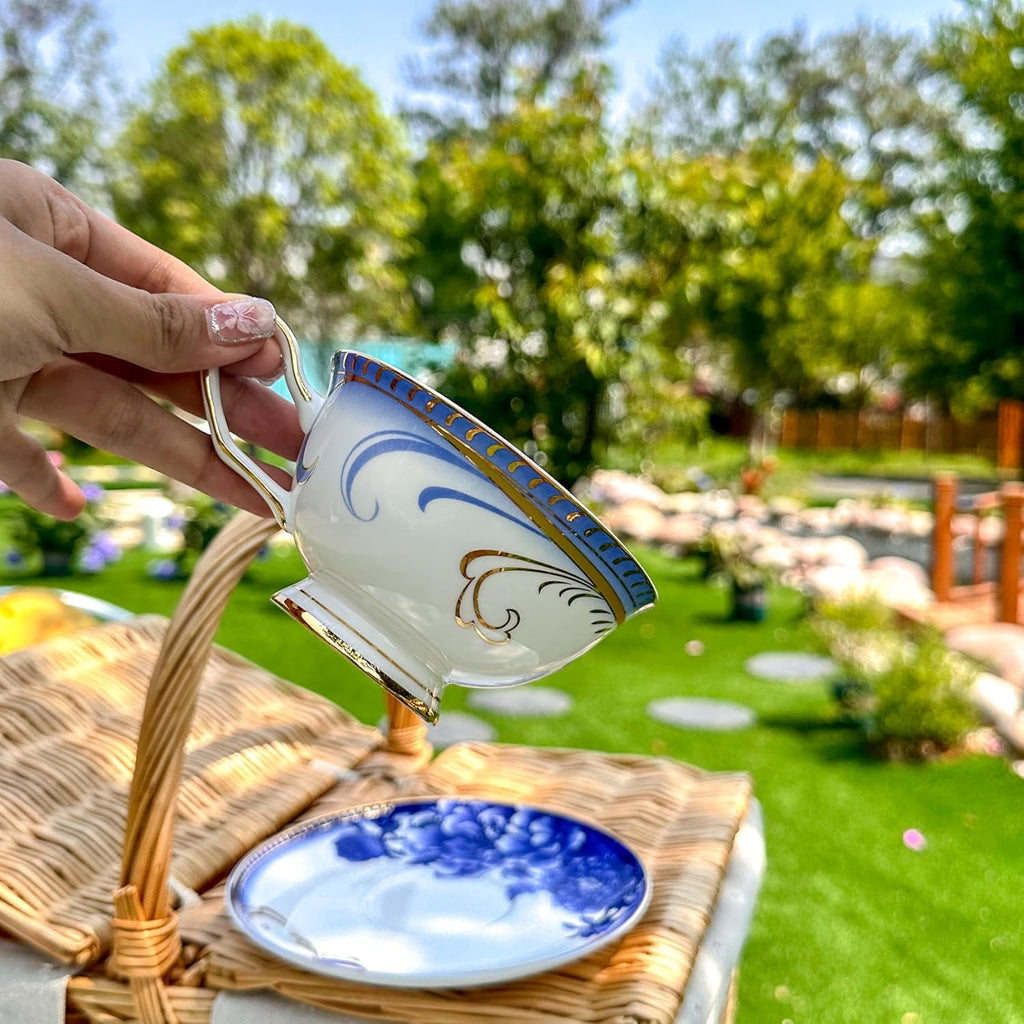 ACMLIFE Bone China Tea Sets, Blue and Gold Tea Set for Adults Porcelain Tea Cup Set, Cup and Saucer Set Vintage Floral for Women Party or Christmas Gifts Giving (china blue)