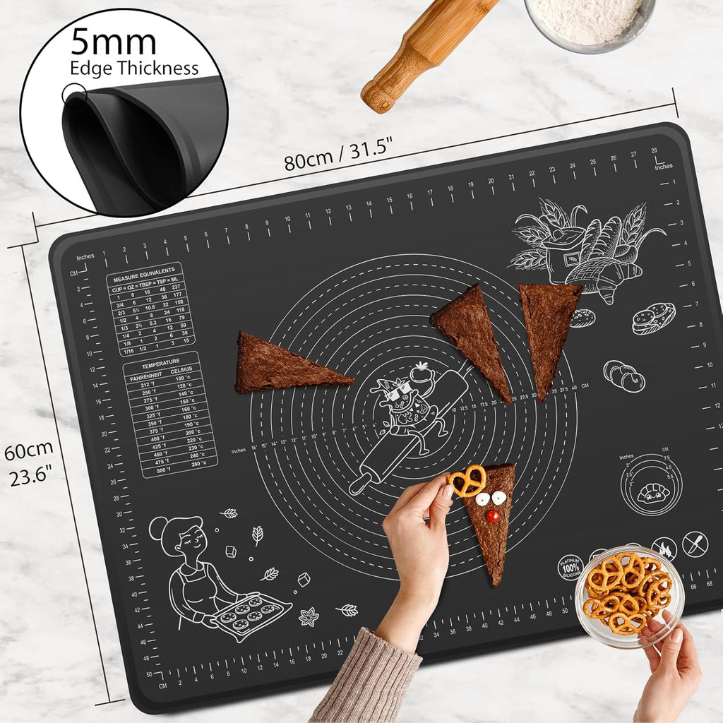 Silicone Baking Mat 32" x 24" Extra Thickness Dough Rolling Mat with Measurements and Edge Heightening, Non-stick Food Grade Silicone Pastry Mat for Pastry, Bread, Cookies, Pizza, Fondant, Pasta-Black