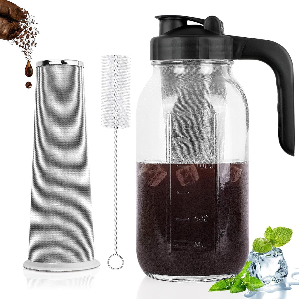 Cold Brew Coffee Maker Pitcher, 64 Oz Heavy Duty Glass Mason Jar Pitcher with V-shaped Pour Spout Handle Lid,Stainless Steel Filter for Iced Coffee,Iced tea,Fruit Drinks,lemonade - Black