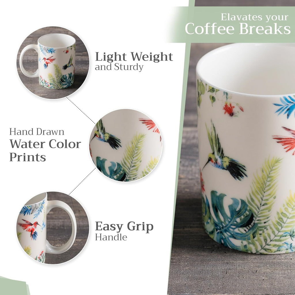 Maison d' Hermine Coffee Mug with Handles Fine Bone China Mugs Pack of One Tea Cups for Hot Beverages Cappuccino Latte Home Restaurant Office Perfect for Gift (Tropiques - Colibris, 15 Ounce)