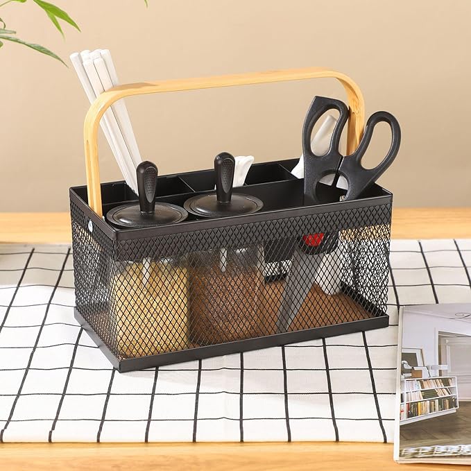 Utensil Caddy Metal Mesh Silverware Cutlery Organizer Basket with Bamboo Handle, Multi-Purpose Steel Wire Caddy 6 Compartment Flatware Basket for Kitchen, Countertop, Picnic, Restaurant, Black