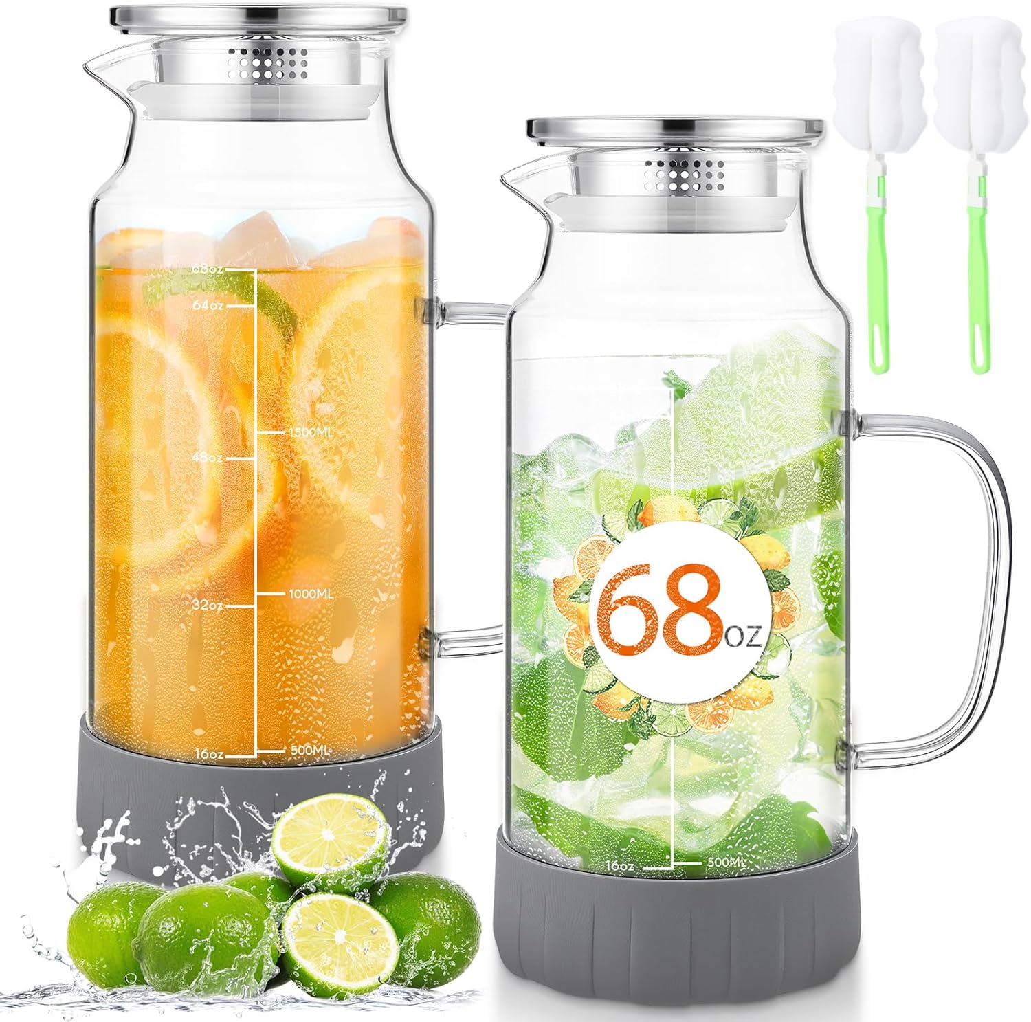 Honeydak 2 Pack Glass Pitcher with Lid, 68 oz 2 Liter Water Pitcher with Silicone Base, Spout and Handle Large Ice Tea Carafe for Fridge, Anti-slip Glass Water Jug for Drinks Tea Coffee Milk Beverage