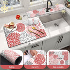 Findosom 2PCS 12" x 20" Christmas Dish Drying Mat & 24" x 5.5" Sink Splash Guard, Super Absorbent & Cuttable Dish Mat Drying Kitchen Mat with Red Floral, Hide Stain Drying Mat for Kitchen Counter