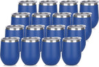 DOMICARE Stainless Steel Wine Tumbler Bulk with Lid, Personalized Insulated Tumblers Set, 12oz Travel Coffee Cups Pack of 16, Dark Blue