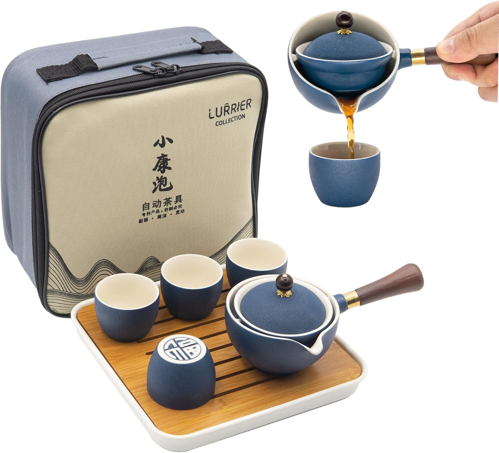 LURRIER Porcelain Chinese Gongfu Tea Set,Portable Teapot Set with 360 Rotation Tea maker and Infuser,Portable All in One Gift Bag for Travel,Home,Gifting,Outdoor and Office(Blue)