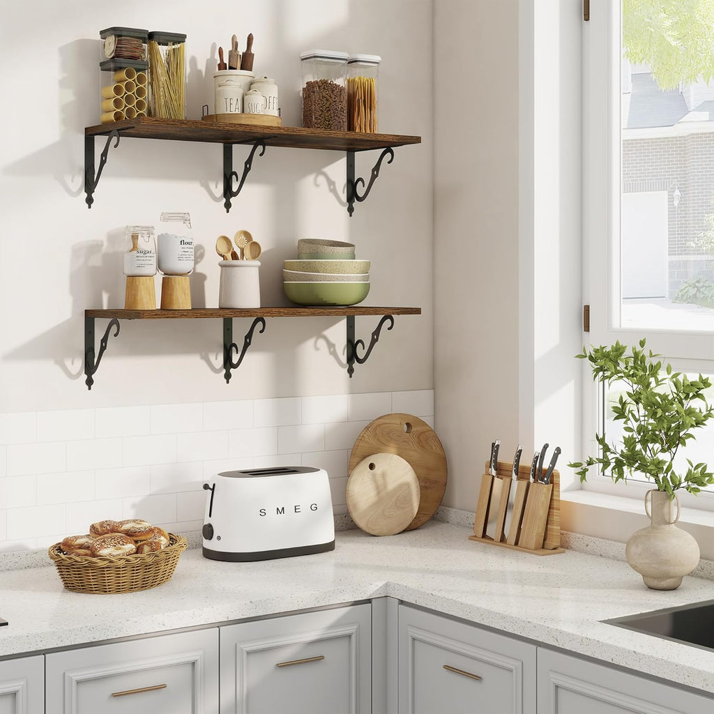 RICHFOCUS 12 Inch Deep Floating Shelves for Wall, 31.5" W x 12" D Wood Wall Shelves Set of 2, Wide Floating Shelves for Living Room, Bedroom, Kitchen, Bathroom and Storage, Rustic Brown