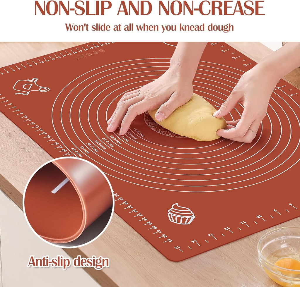 6PCS Silicone Baking Mat Set, Pastry Mat with Measurements Wooden Rolling Pin/Knife/Fork/Spoon/Scraper, Pasta Cutter,Non-slip Silicone Mat, Non-Stick Dough Mat for Counter,Kneading Mat Set,20"*16"