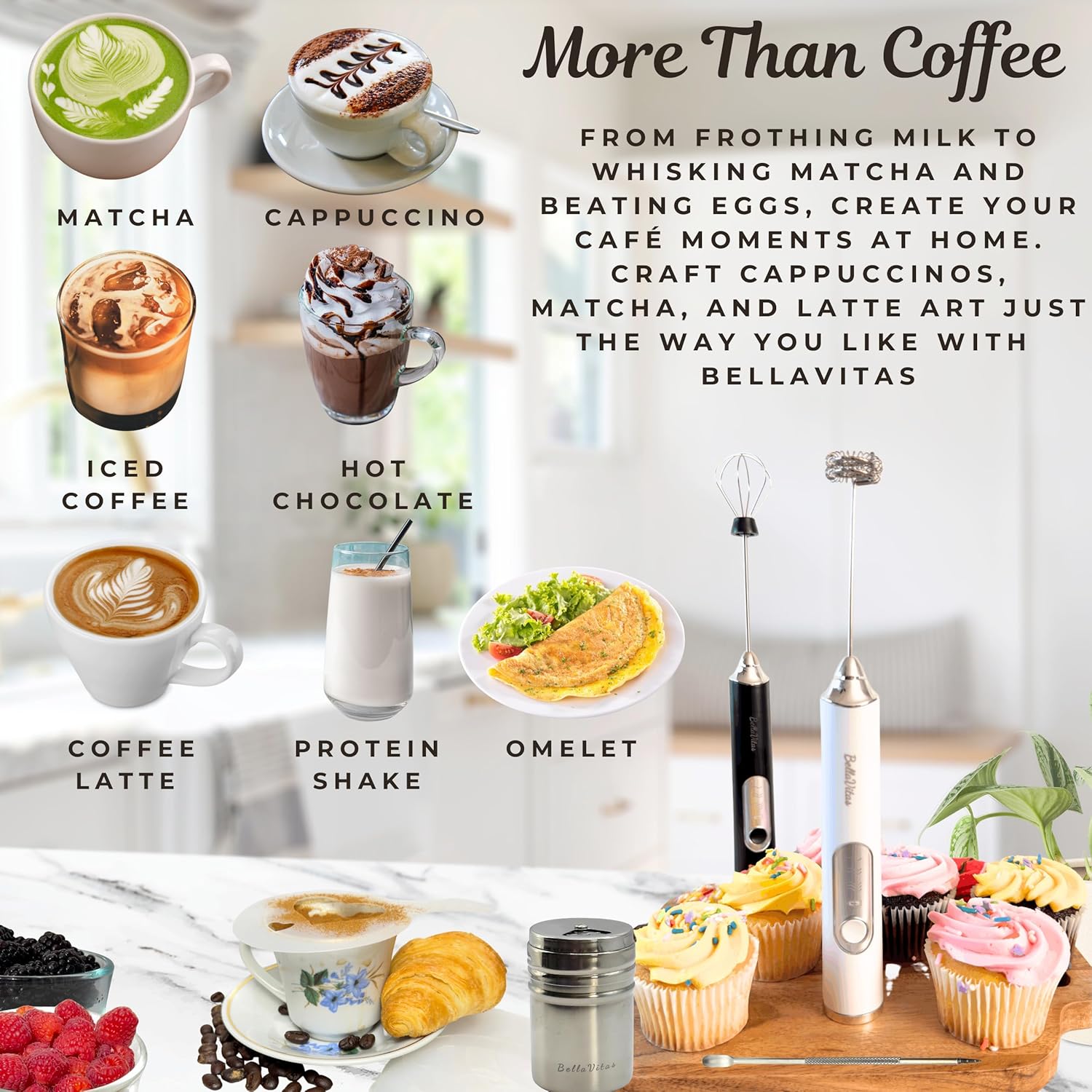 Milk Frother Handheld Rechargeable 3-Speed Electric Frother Wand Whisk Foam Maker Drink Mixer with Stand, 2 Whisks, Spice Shaker, Art Stencils, Art Pen for Coffee Latte, Cappuccino, White