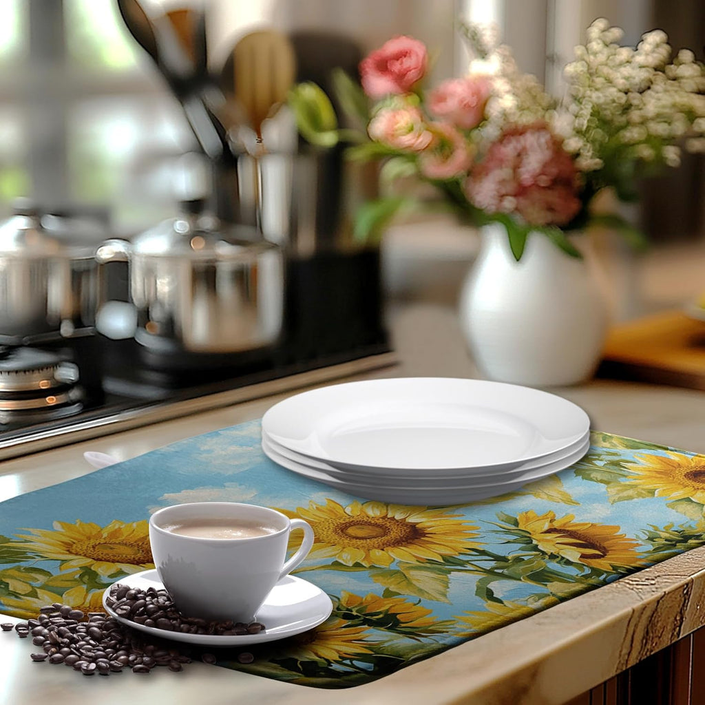 Summer Sunflower Dish Drying Mat for Kitchen Counter Watercolor Rustic Sunflowers Kitchen Dishes Dryer Pad Absorbent Matt Microfiber Washable Foldable Reusable Large 18x24 in