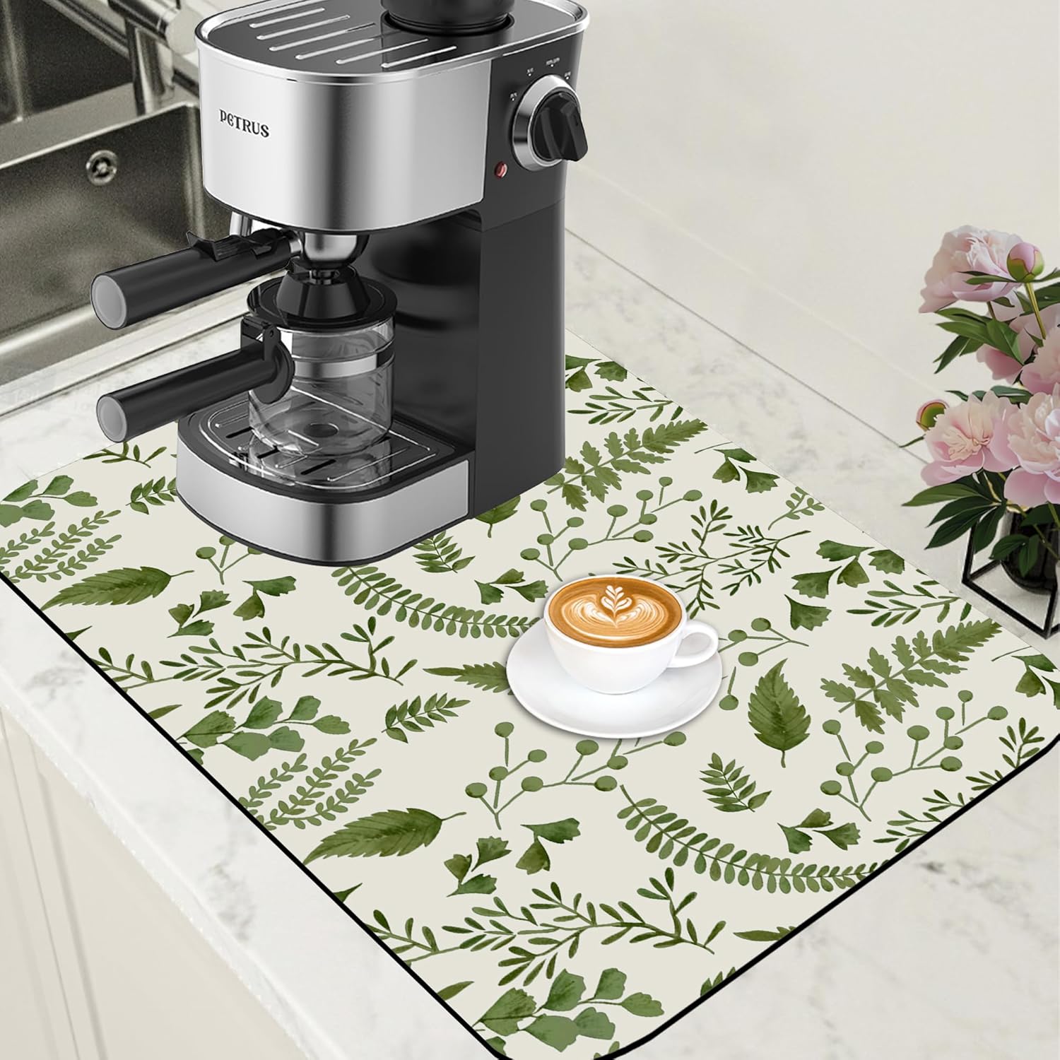 Green Leaf Coffee Mat Herb Dish Drying Mat for Kitchen Counter Hide Stain Rubber Backed Absorbent Coffee Bar Accessories Fit Under Espresso Machine, 15.7 x 23.6 Inch