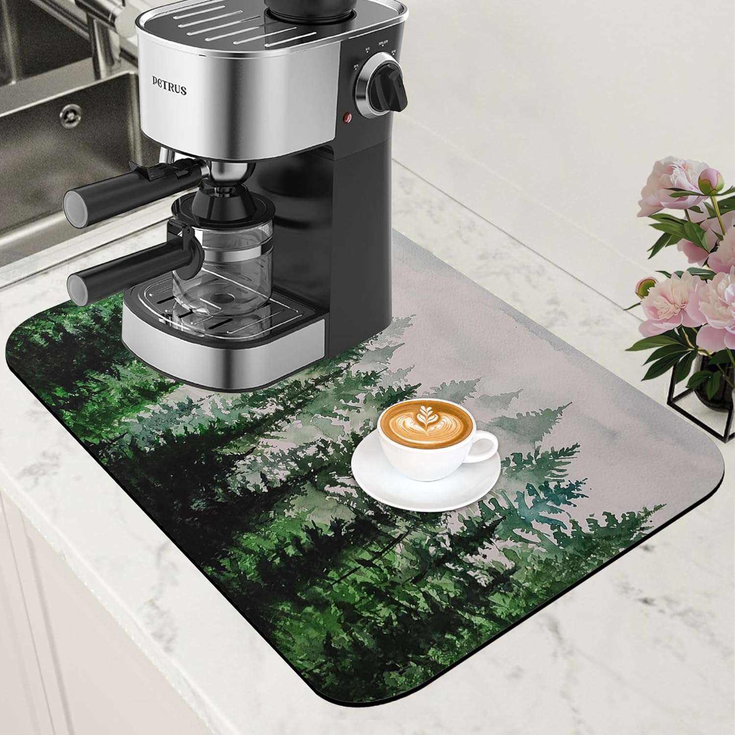 Dish Drying Mat Watercolor Foggy Forest Coffee Bar Mat for Countertop Absorbent Rubber Backed Hide Stain Dish Drainer Rack Pad Coffee Maker Espresso Machine Dining Room Decor 11.8 x 19.7 Inch