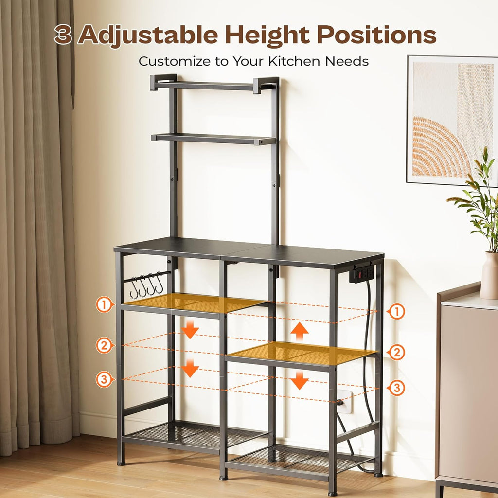 Huuger 31.5 Inch Bakers Rack with Power Outlets, Kitchen Microwave Stand with Storage, Coffee Bar with 4 Hooks, 3-Level Height Open Shelves, Black
