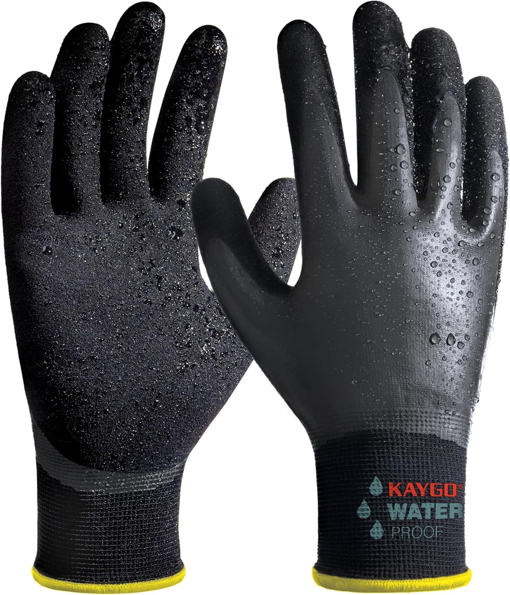 KAYGO Waterproof Work Gloves for Men and Women, Rubber Coated Non-slip Working Gloves for Garden, Outdoor Construction,3 pairs,Black,L
