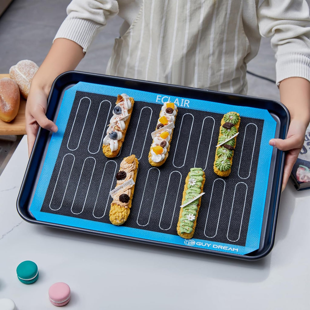 3PCs GUY DREAM Perforated Silicone Baking Mat 11-4/5" x 15-3/4" - 1 Choux Mat, 1 Eclair Mat and 1 Blank Mat for Baking Cookie- Steaming Mesh For Half Size Cooking Sheet- Non-Stick Reusable Oven Liner