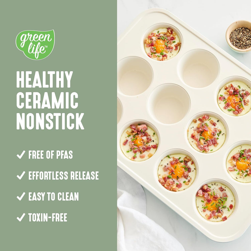 GreenLife 12-Cup Muffin Pan, Healthy Ceramic Nonstick Bakeware, PFOA & PFAS-Free Cupcake Tray, Durable Baking Pan, Versatile Kitchen Essential, Easy Clean Muffin Mold, Nonstick Baking Sheet, Sage