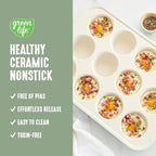 GreenLife 12-Cup Muffin Pan, Healthy Ceramic Nonstick Bakeware, PFOA & PFAS-Free Cupcake Tray, Durable Baking Pan, Versatile Kitchen Essential, Easy Clean Muffin Mold, Nonstick Baking Sheet, Sage