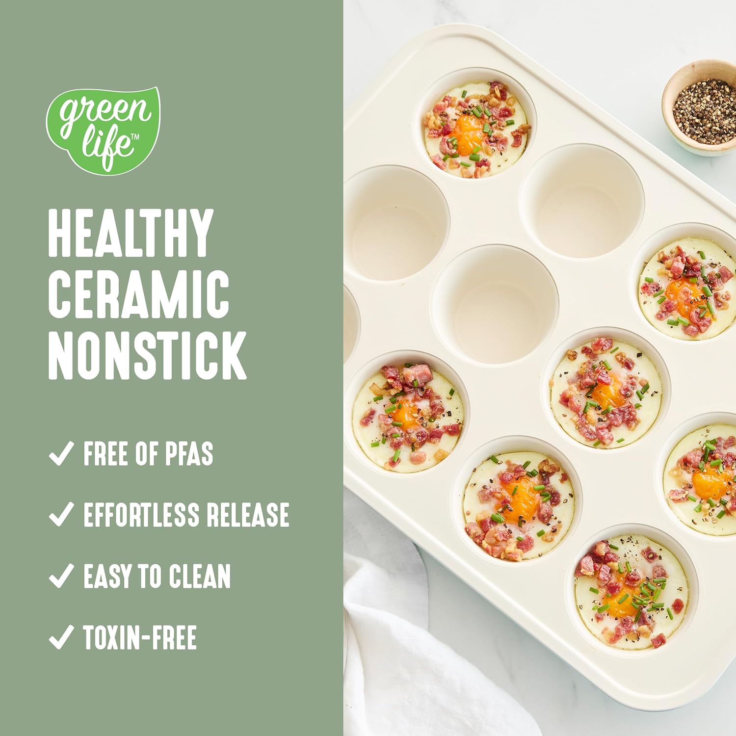GreenLife 12-Cup Muffin Pan, Healthy Ceramic Nonstick Bakeware, PFOA & PFAS-Free Cupcake Tray, Durable Baking Pan, Versatile Kitchen Essential, Easy Clean Muffin Mold, Nonstick Baking Sheet, Sage