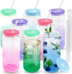 Joyclub 20oz Glass Cups with Acrylic Lids and Straws 8 Set Can Shaped Glass Iced Coffee Cups with Lids, Gradient Drinking Glasses Cute Tumbler Cup Great for Smoothie Soda Boba Tea Cocktail Beer Gift