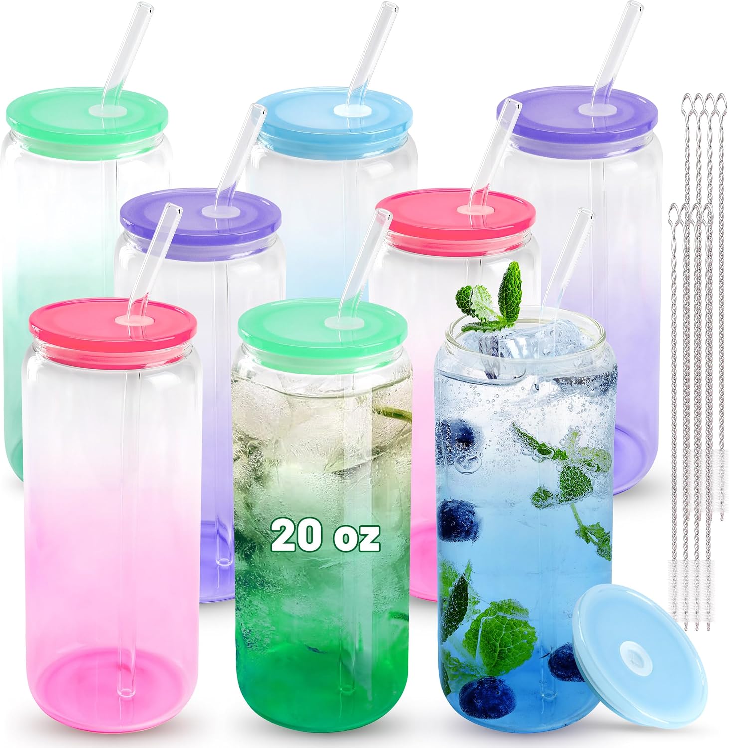 Joyclub 20oz Glass Cups with Acrylic Lids and Straws 8 Set Can Shaped Glass Iced Coffee Cups with Lids, Gradient Drinking Glasses Cute Tumbler Cup Great for Smoothie Soda Boba Tea Cocktail Beer Gift