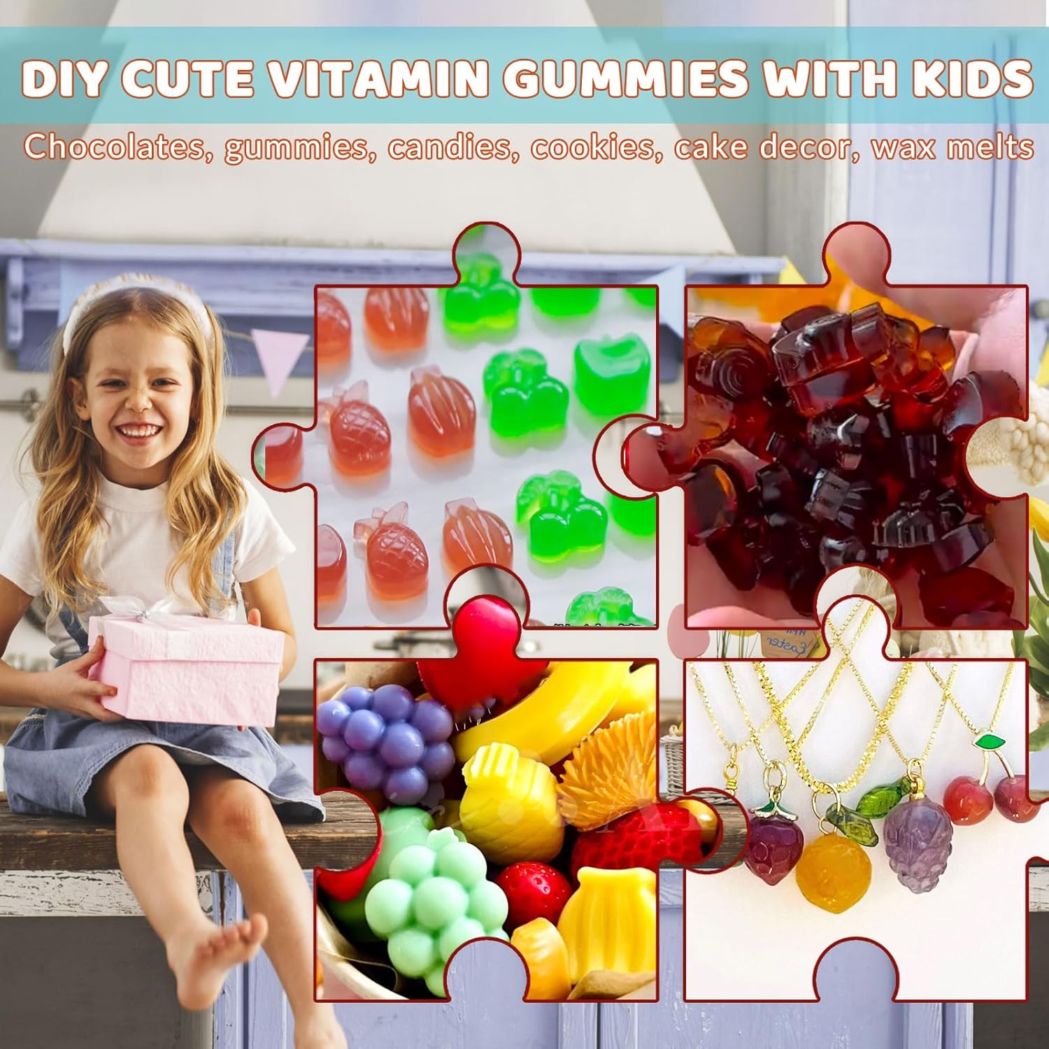 HKNMTT Gummy Fruit Molds Silicone, Mini Cute Fruit Shaped Candy Chocolate Tray Molds With 2 Droppers, 4 Pack 264 Cavities Non-stick Bite Size Kids Apple Molds, DIY Candy Making Kit