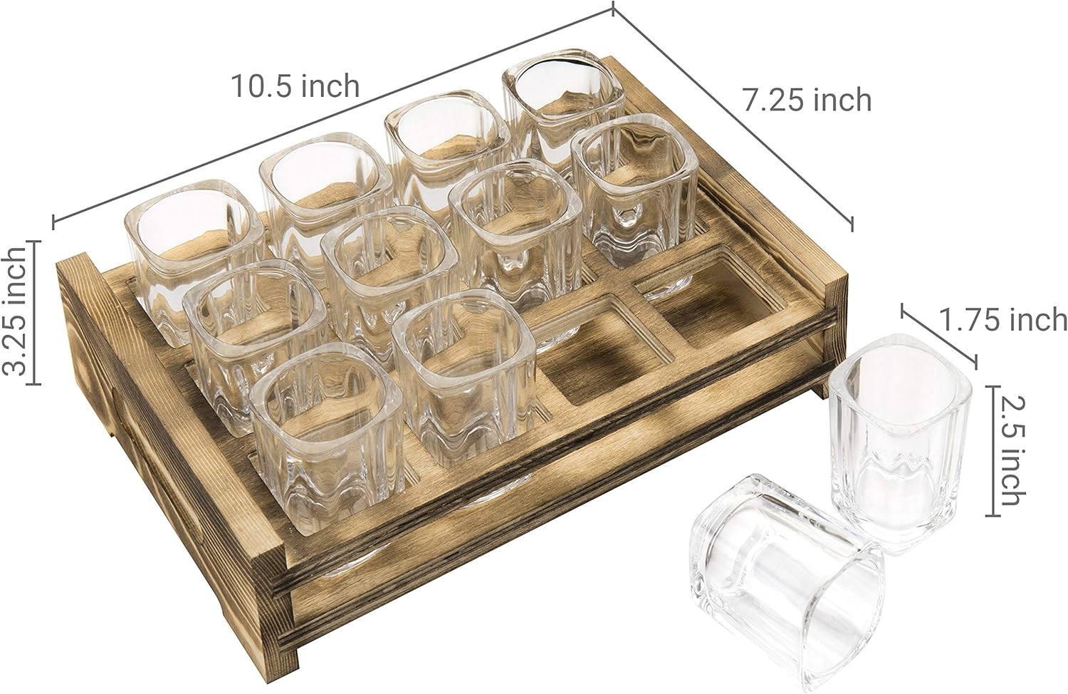 MyGift Shot Glass Serving Set Includes 12 Square Shot Glasses and Burnt Brown Wood Slotted Server Tray
