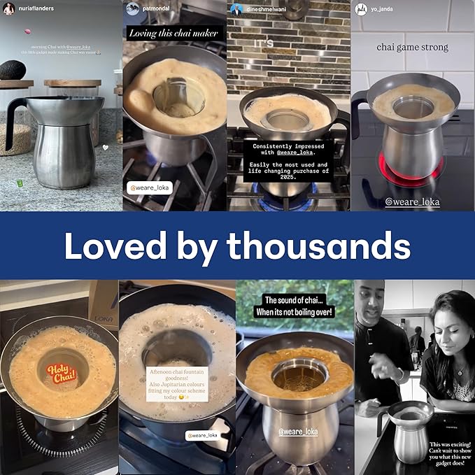 Loka Chai Maker for Authentic Masala Chai & Chai Latte | Easy Clean Stainless Steel Stovetop Tea Maker with Innovative Chai Fountain | Non-Stick Ceramic, 20oz (3 Cups) - (Silicone Strainer)