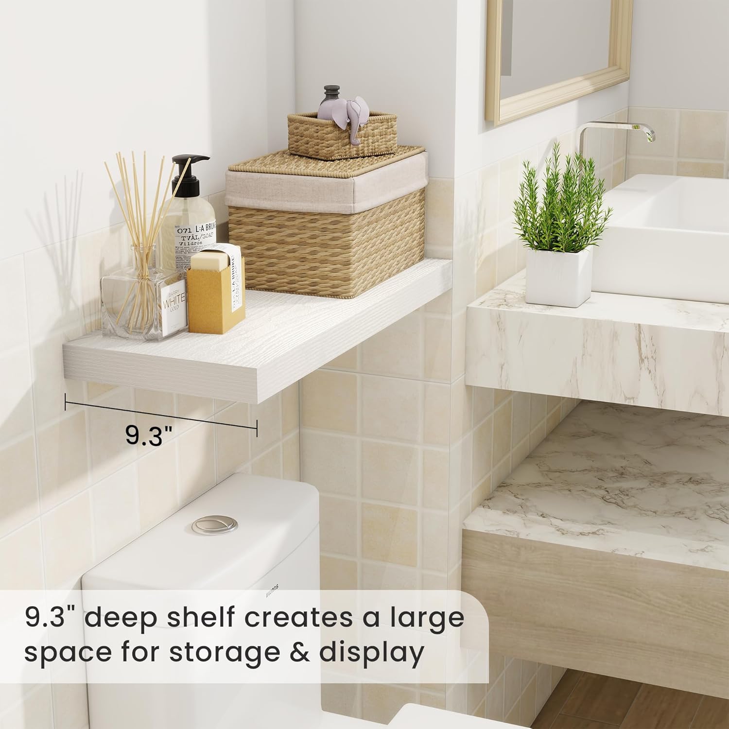 Fun Memories 24 Inch Floating Shelves for Wall, 9 Inch Deep White Rustic Wood Wall Mounted Shelves for Bathroom, Kitchen, Living Room, Set of 2