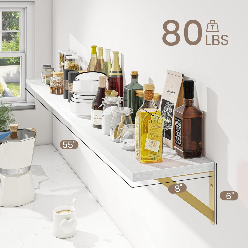 Dreamland 8 inch Deep Floating Shelves for Wall, 55 inch Long White Wall Mounted Shelves Set of 2, Wide Ledge Shelf with Gold Sturdy Metal Brackets for Living Room, Bathroom, Bedroom and Kitchen