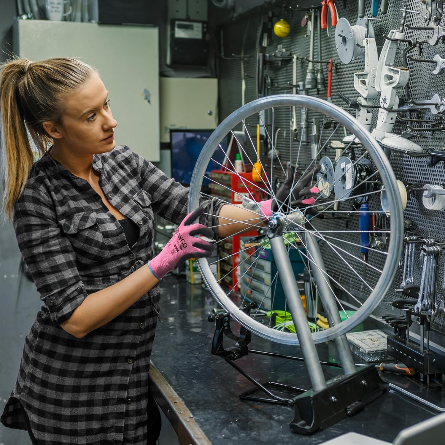 KAYGO Safety Work Gloves PU Coated-60 Pairs Seamless Knit Glove with Polyurethane Coated Smooth Grip on Palm & Fingers, for Men and Women, Ideal for General Duty Work, KG11PR (M,pink)