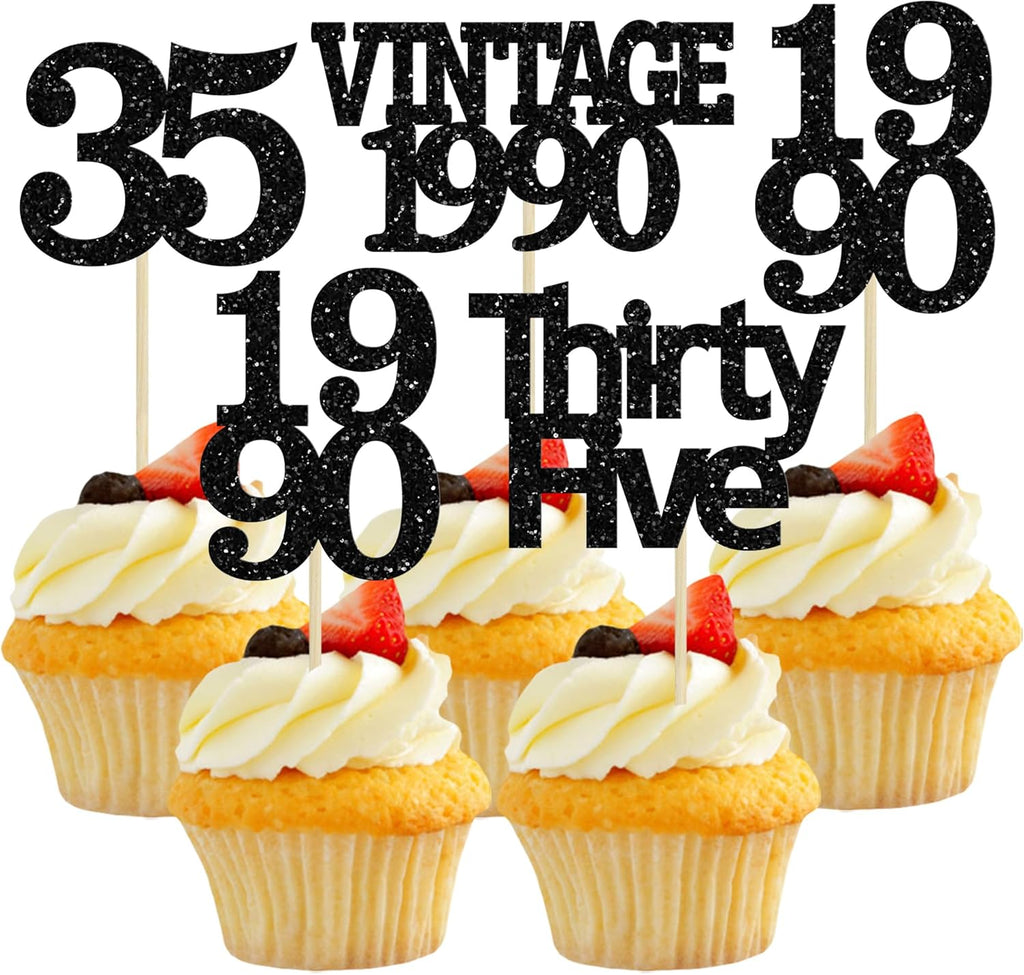 Gyufise 24Pcs Vintage 1990 Cupcake Toppers Glitter Cheers to 35 Fabulous Thirty Five Cupcake Picks 35th Birthday Wedding Anniversary Party Cake Decorations Supplies Black