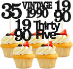 Gyufise 24Pcs Vintage 1990 Cupcake Toppers Glitter Cheers to 35 Fabulous Thirty Five Cupcake Picks 35th Birthday Wedding Anniversary Party Cake Decorations Supplies Black