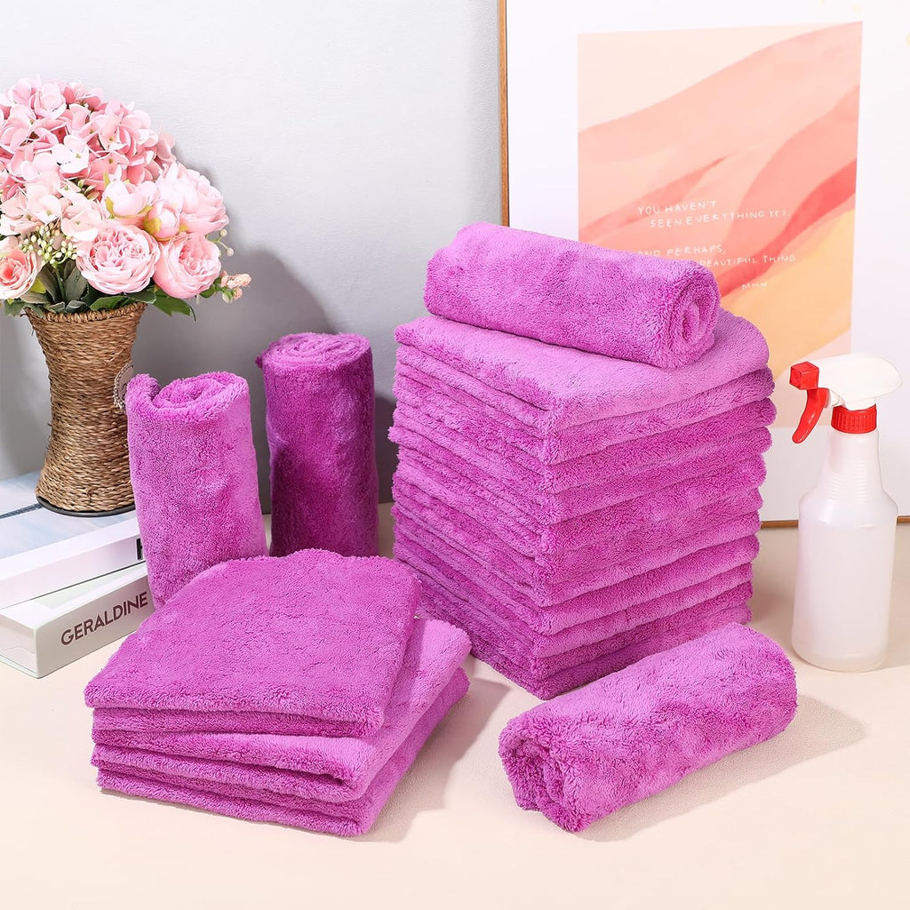 Shimeyao 30 Pcs Edgeless Microfiber Plush Towels for Cars Detailing Drying Wash Polishing Absorbent Cleaning Cloths, 500 GSM, 16 x 16 Inch(16 x 16 Inch,Purple,30 Pcs)