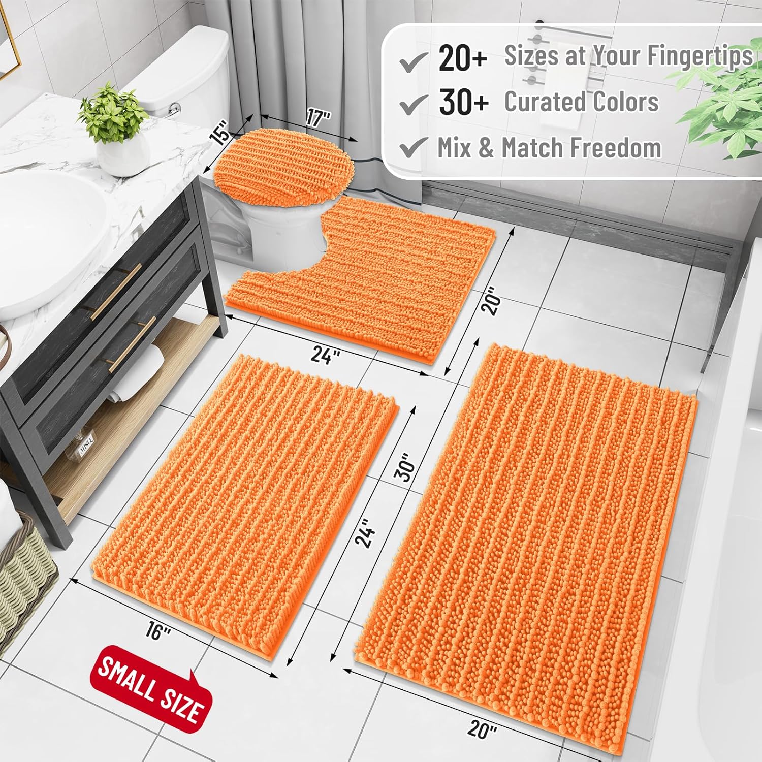Arotive Luxury Chenille Bathroom Rug Mat, Extra Soft Thick Absorbent Shaggy Bath Rugs, Non-Slip Machine Wash Dry, Plush Bath Mats for Bathroom, Shower and Tub, 30x20, Orange