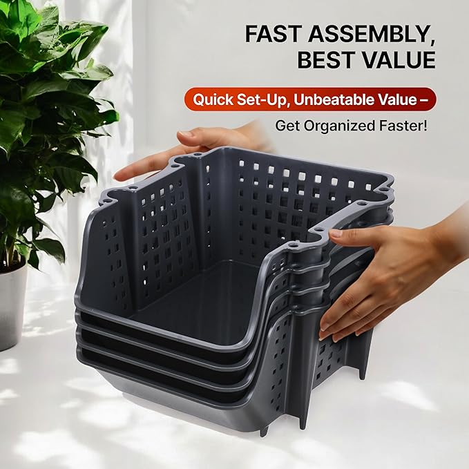 Skywin TidyFriend Plastic Stackable Storage Bins, 4 Pack Extra Large Open Front Bins for Toy, Pantry, Kitchen, and Bathroom Organization (Dark Grey)