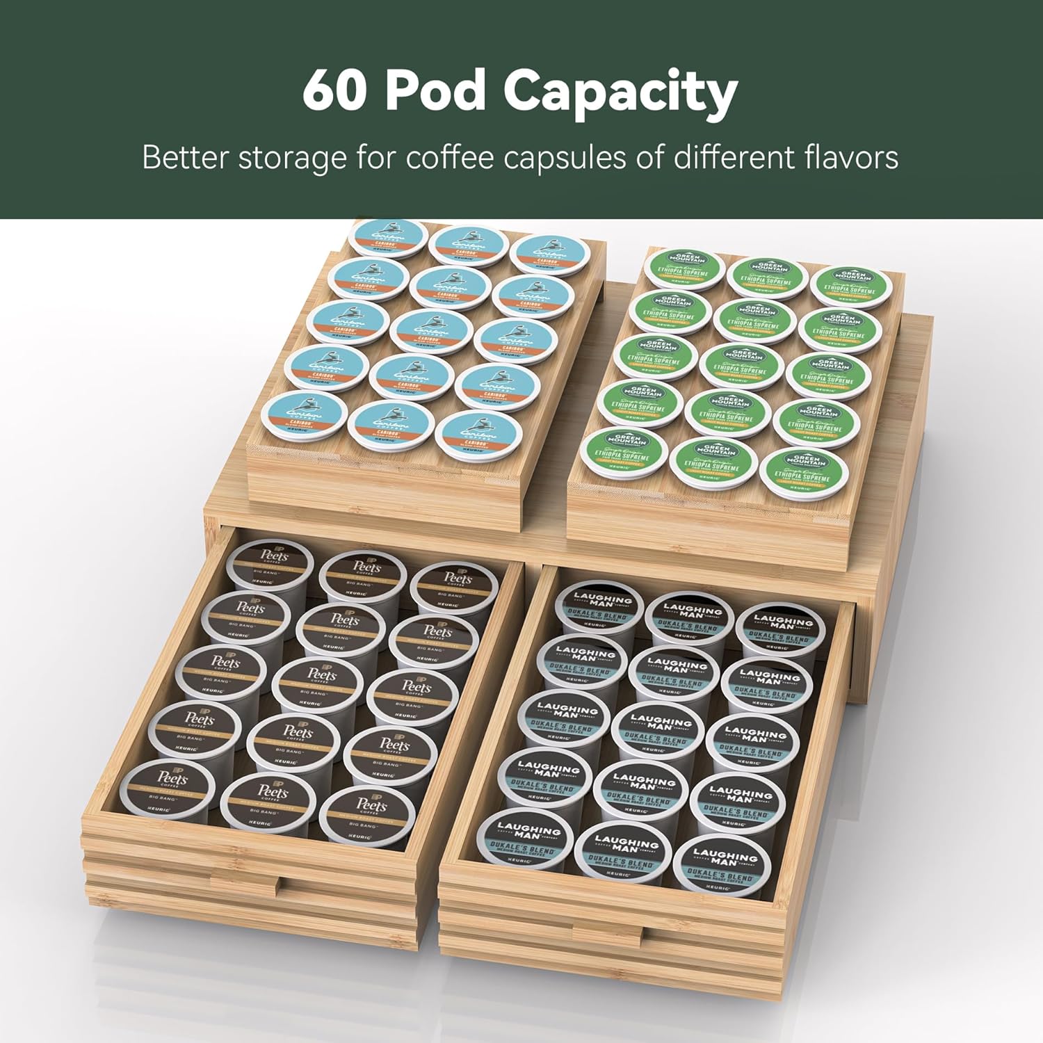 Bamboo K-Cup Pods Holder Organizer - 60 Pod Capacity with 2 Sliding Drawers & 2 Coffee Pod Holder Inserts, Elegant Tea Bag Storage Box for Home, Office & Kitchen Countertop (39.4"x8.2"x8.2")
