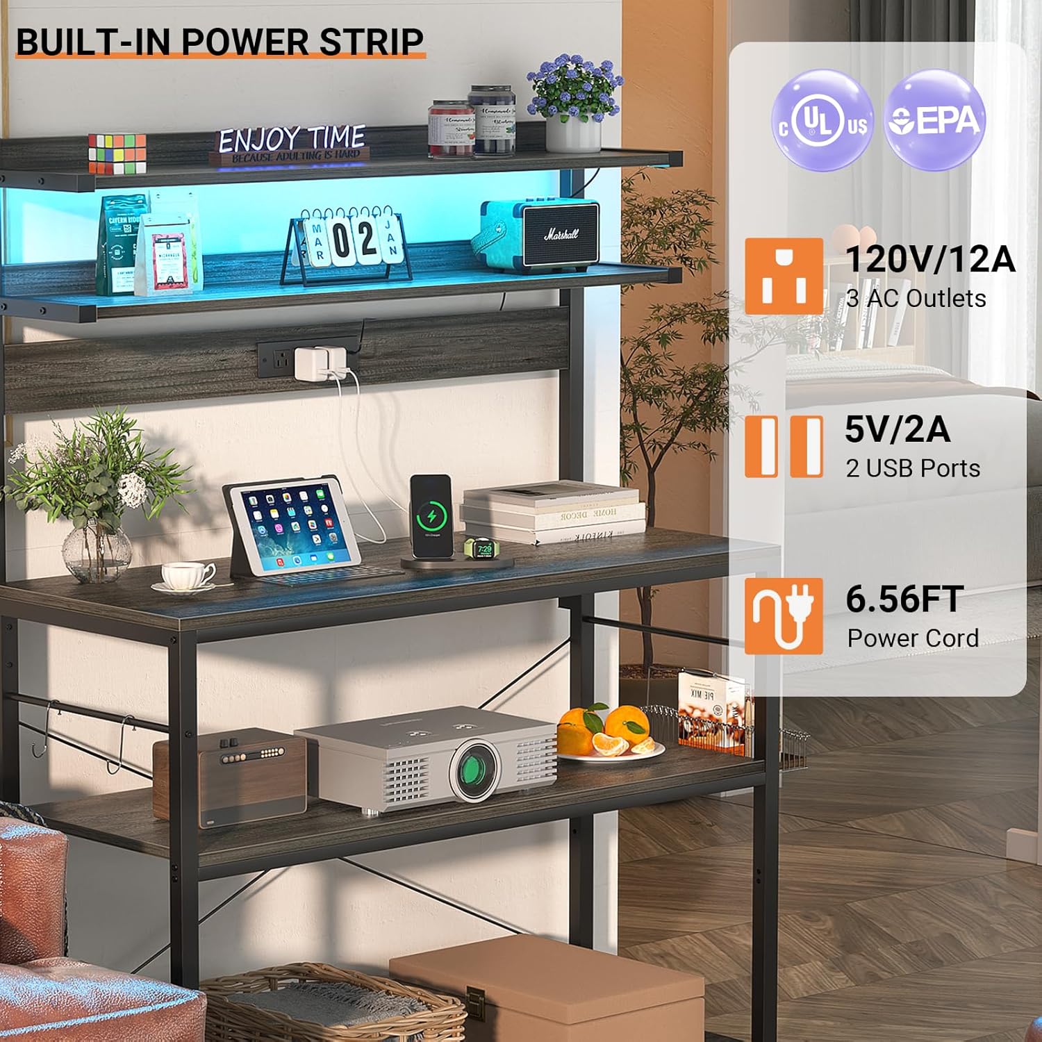 Aheaplus Bakers Rack with Power Outlet, Microwave Stand, 5 Tiers Coffee Bar Station with Led Lights, Kitchen Storage Shelf with 6 S-Shaped Hooks, Kitchen Rack Coffee Bar Stand, Grey Oak